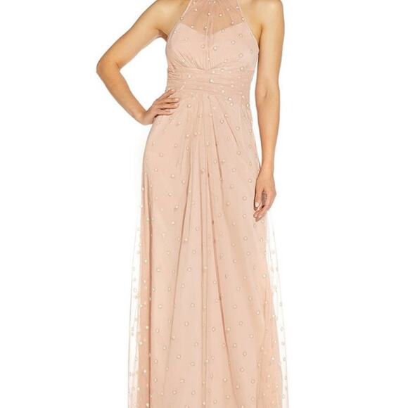 Adrianna Papell Glitter Dot Sheer Halter Neck Sleeveless Blush Pink Gown Size 12 - Picture 5 of 7